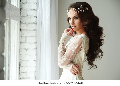 Woman In A Wedding Dress Standing Near A Window, Hair Ornaments Hair