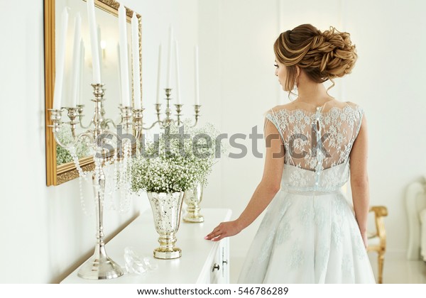 Woman Wedding Dress Standing Next Dresser Stock Photo Edit Now