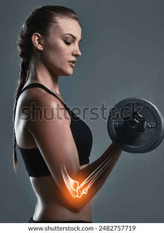 Similar – Rear view portrait of one young middle age athletic woman at crossfit training, exercising with trx suspension fitness straps over dark background