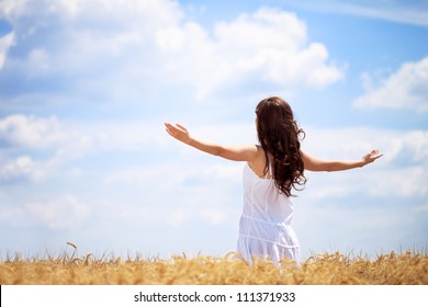 Woman In Wheat Field Enjoying, Freedom Concept