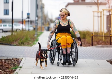 Woman in wheelchair with her dog outdoors
