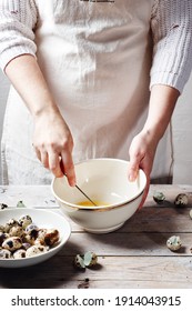 Woman Whipping Quail Eggs In Bowl, Making Mayonnaise.