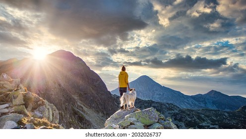 woman with white dog sitting on mountain top in summer landscape slow travel and freedom concept - Powered by Shutterstock