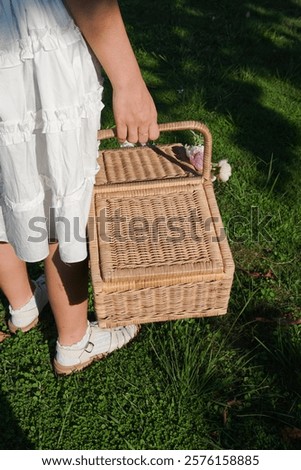 Similar – Image, Stock Photo a wooden basket filled to the brim with strawberries stands on straw