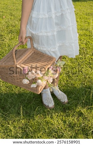 Similar – Image, Stock Photo a wooden basket filled to the brim with strawberries stands on straw