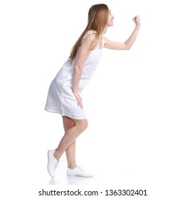 Woman In White Dress Knock On The Door On White Background Isolation