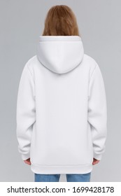 Woman In White Hoodie, Mockup For Logo Or Branding Design. Back Side