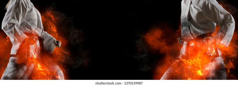 Woman in white kimono with black belt. Sports banner. Flame background – Image