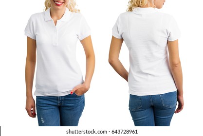 Woman In White Polo Shirt, Front And Back