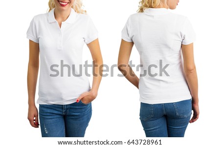 Woman in white polo shirt, front and back