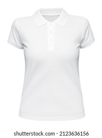 Woman White Polo Shirt Isolated On White. Mockup Female Polo T-shirt Front View With Short Sleeve