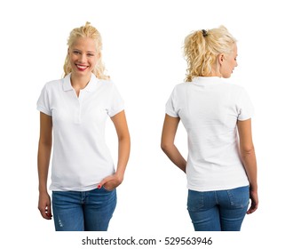 Woman in white polo T-shirt 