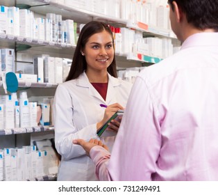woman in a white robe salesman with a notebook in his hands in the pharmacy looking at visitor