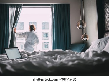 Woman In White Robe Stay Hear The Window In Hotel Room