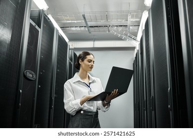 A woman in a white shirt diligently works with a laptop in a high-tech server room.