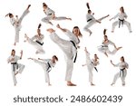 Woman in white sport karate uniform with black belt training in action against white studio background. Collage. Concept of professional sport, recreation, art, hobby, combat sport, martial arts