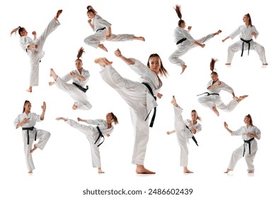 Woman in white sport karate uniform with black belt training in action against white studio background. Collage. Concept of professional sport, recreation, art, hobby, combat sport, martial arts