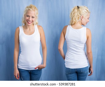 Woman in white tank-top on blue background