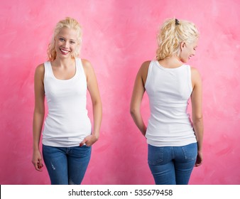 Woman In White Tanktop On Pink Background