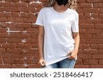 Woman in white tee casual wear fashion, young people wearing white plain T shirt, woman wearing basic white t shirt, outdoor lifestyle photography with casual t shirt