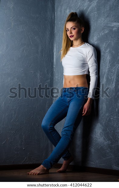 Woman White Tshirt Jeans Nude Tummy Stock Photo (Edit Now) 412044622