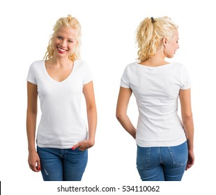 Woman in white V-neck T-shirt 