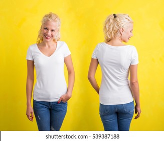 Woman In White V-neck Tshirt On Yellow Background