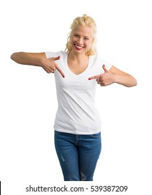 Woman In White V-neck Tshirt Pointing At It With Both Hands