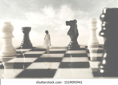 woman who is allied with the white chessborads looks suspiciously at her black rival - Shutterstock ID 1519095941
