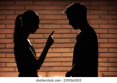 Woman Wife Pointing Finger Scolding, Nagging Her Husband Man. Bar Relationship, Cheating On Partner Concept. 