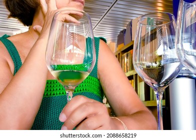  Woman In Wine Tasting Sampling With Glasses , Selective Focus