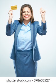 Woman Winning The Lottery. Suit Credit Card Show. White Background Isolated.