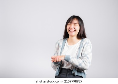 Woman Winning And Surprised Excited Screaming Laughing Studio Shot Isolated White Background, Happy Asian Portrait Beautiful Young Female Lifestyle Cheerful Smiling And Laugh Funny With Copy Space