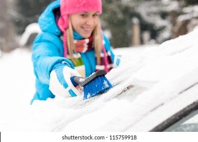 Woman Wiping Snow Car Window Using Brush Winter Happy Work