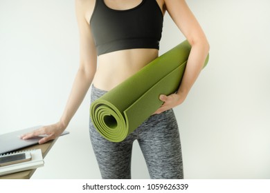 Woman Work Home  Get Balance Idea Play Fitness Workout .shut Down Laptop And Computer.carry Yoga Mat.