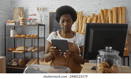 Woman working in a bakery with curly hair using a tablet in an indoor shop surrounded by bread, pastries, and a cash register - Powered by Shutterstock