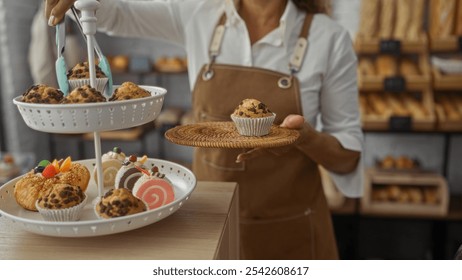 Woman working in a bakery holding a tray of muffins and pastries while wearing an apron indoors - Powered by Shutterstock