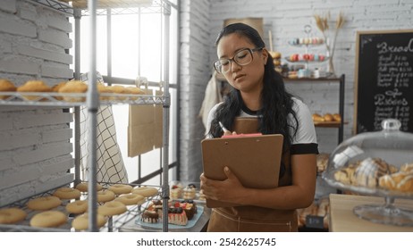 Woman working in a bakery taking notes on a clipboard amidst an indoor setting with shelves of pastries and a chalkboard menu in the background - Powered by Shutterstock