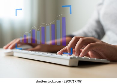 Woman Working With Bar Graph Upward Trend Positive Report Rising For Investment Or Fund. Working Female With Business Icon Of Report Graph In Blue And Growing Up Positive Term.