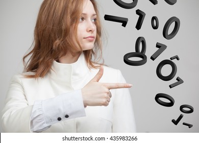 Woman working with binary code, concept of digital technology.
