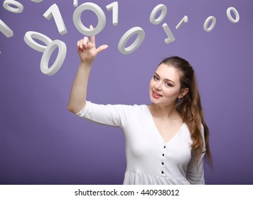 Woman working with binary code, concept of digital technology.