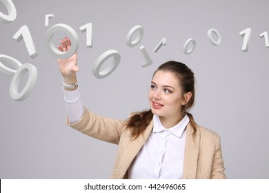 Woman working with binary code, concept of digital technology.