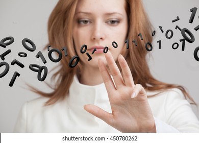 Woman working with binary code, concept of digital technology.