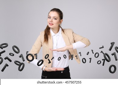 Woman working with binary code, concept of digital technology.