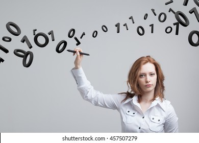 Woman working with binary code, concept of digital technology.