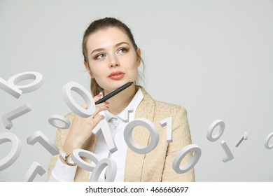 Woman working with binary code, concept of digital technology.
