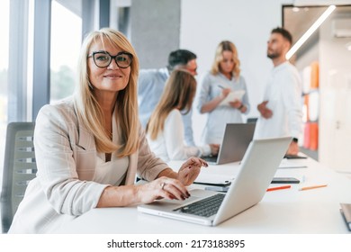 Woman working by using laptop. Group of professional business people is in the office.