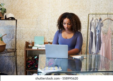 Woman Working In Clothes Shop Using Laptop, Front View