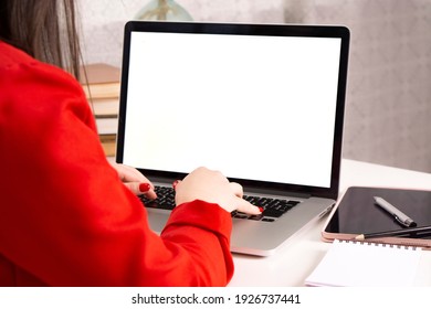 woman working empty screen computer on workplace in  office. Advertising concept .