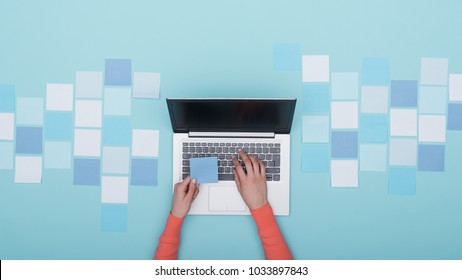 Woman working with her laptop and mosaic of sticky notes, she is holding a sticky note and typing: creativity and planning